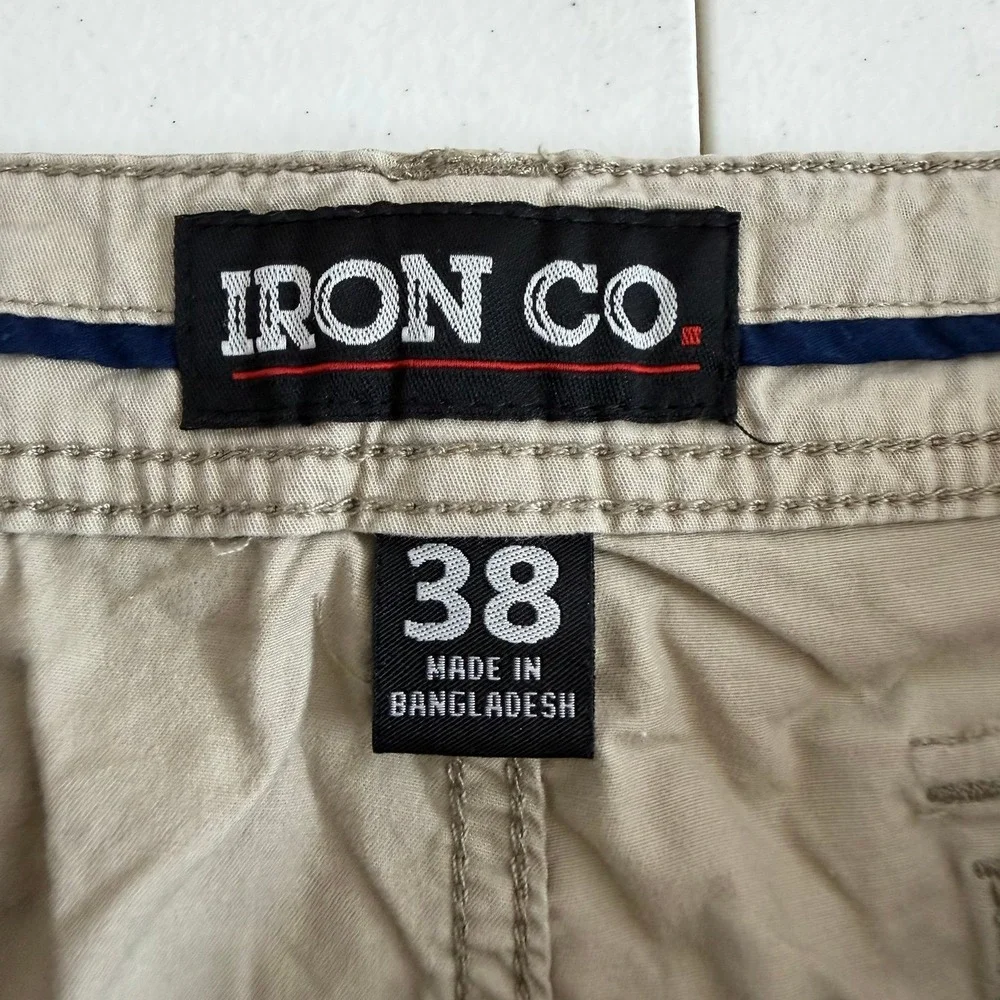 Iron Co. men's tan cargo pocket cotton stretch belted shorts casual neutral 38